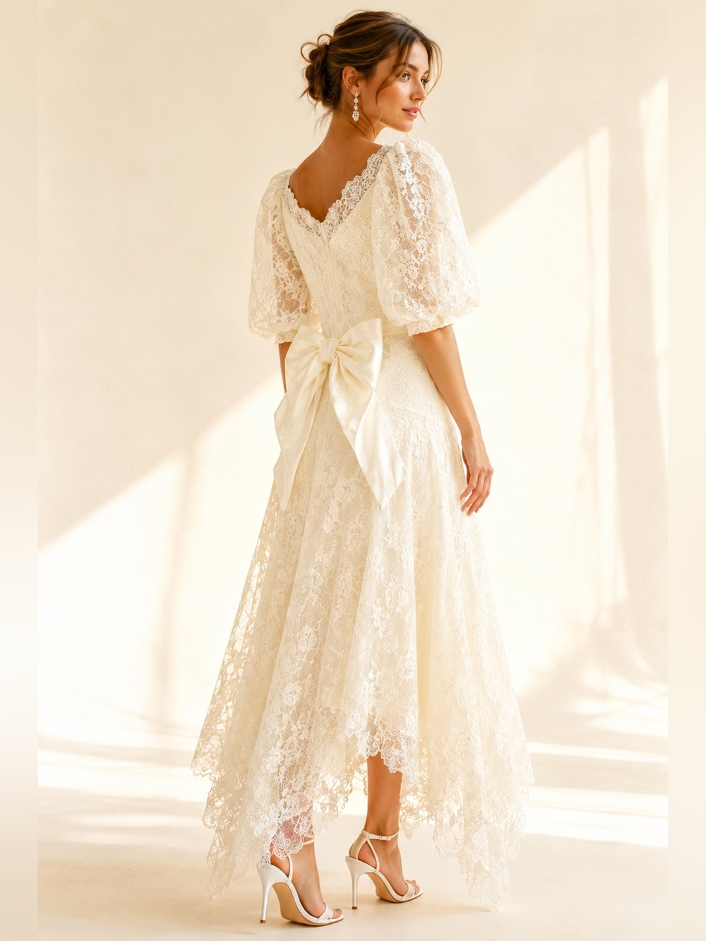 Vintage Handmade80s Lace Bridal Maxi Dress Bow Puff Sleeve Cottagecore Size S